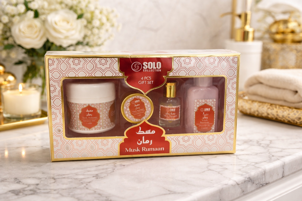 Collection musc Tahara Gift Set, 4 Pieces, Perfumed Talc 88g, Body Cream, Perfume Oil, Body Lotion,musk (POMME GRENADE, RED) DUBAI