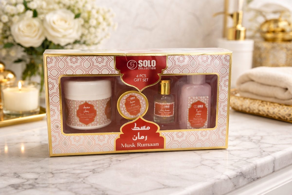 Collection musc Tahara Gift Set, 4 Pieces, Perfumed Talc 88g, Body Cream, Perfume Oil, Body Lotion,musk (POMME GRENADE, RED) DUBAI