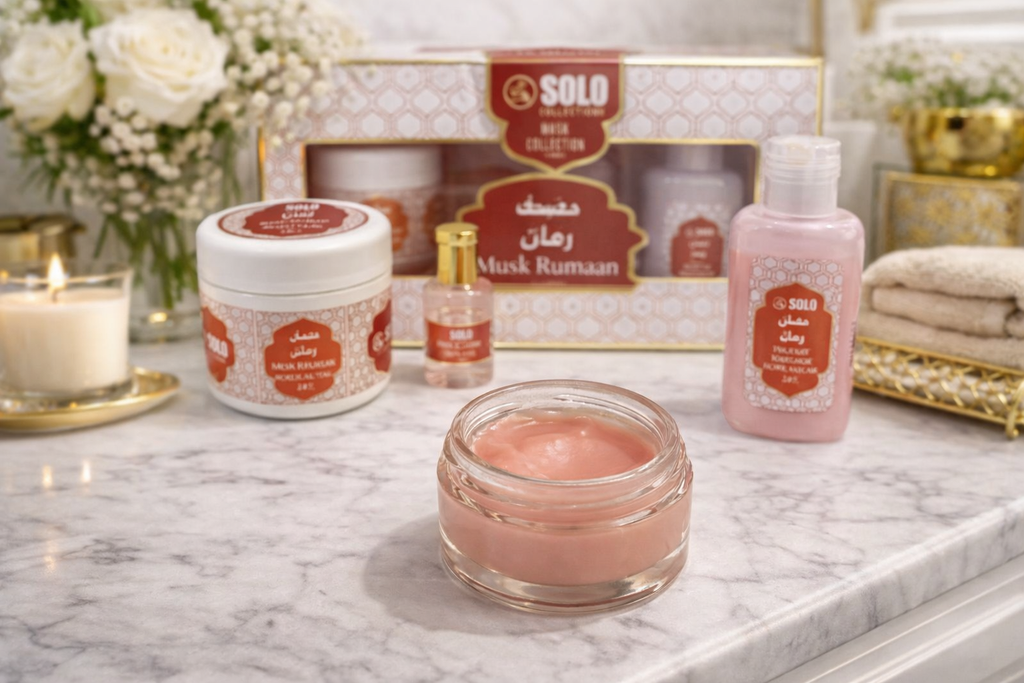 Collection musc Tahara Gift Set, 4 Pieces, Perfumed Talc 88g, Body Cream, Perfume Oil, Body Lotion,musk (POMME GRENADE, RED) DUBAI