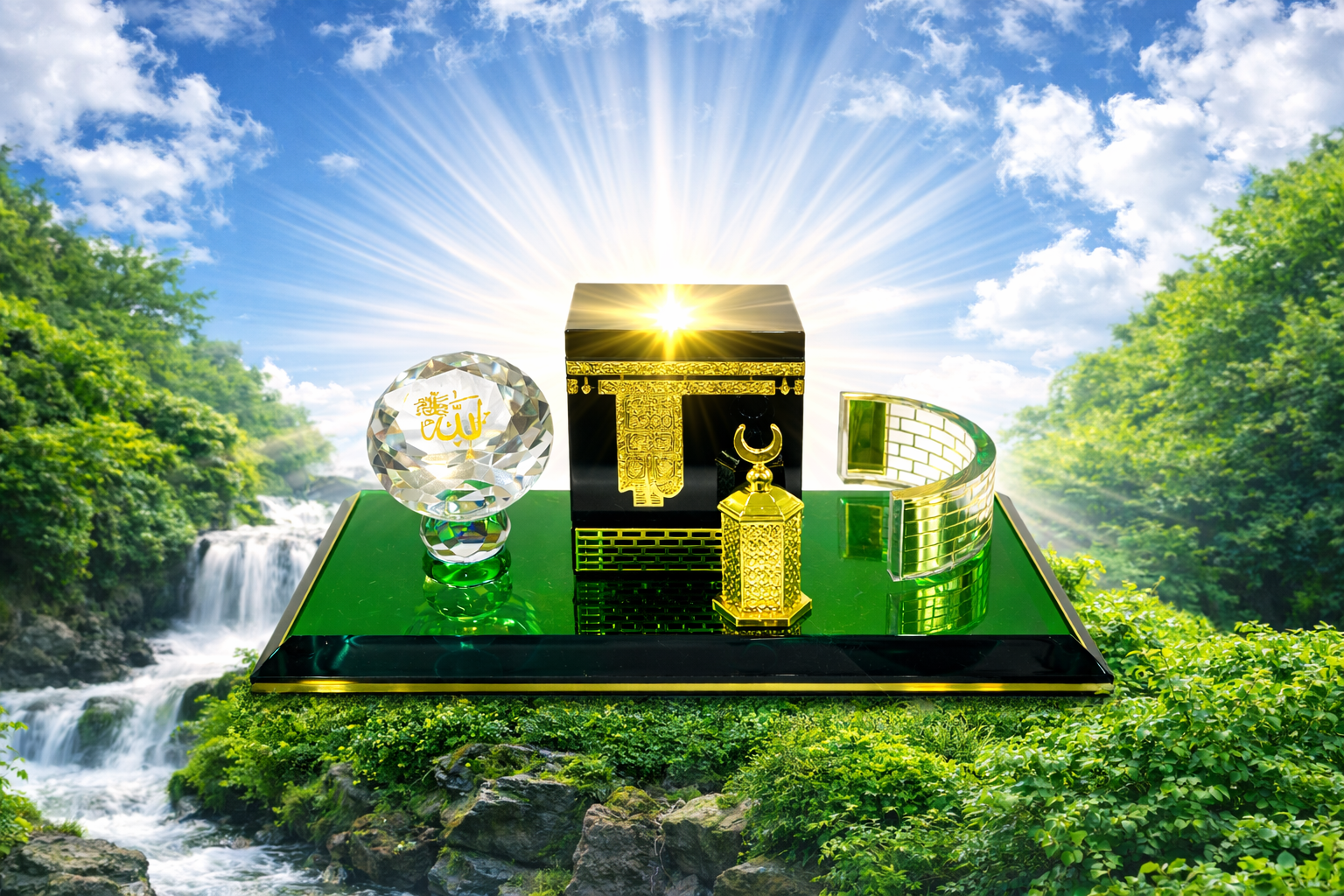 Décoration Islamique Kaaba en Cristal – Ensemble Makkah avec Allah, Kaaba et Lanterne Crystal Kaaba Islamic Decoration – Makkah Set with Allah Crystal, Kaaba & Lantern