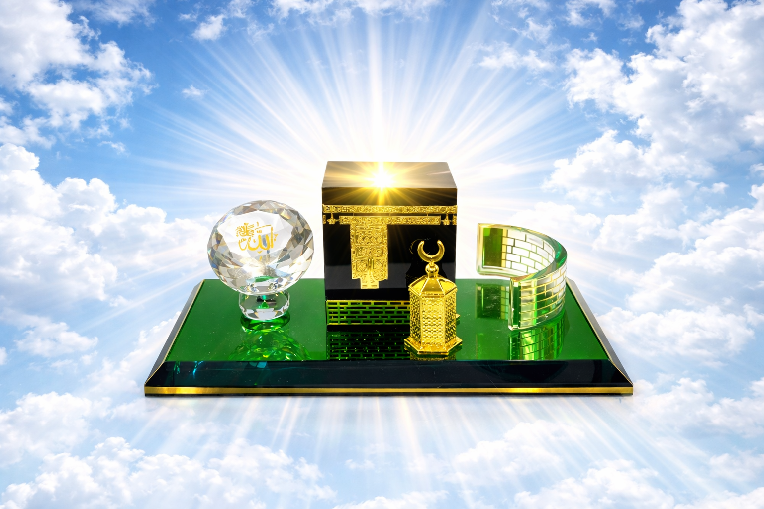 Décoration Islamique Kaaba en Cristal – Ensemble Makkah avec Allah, Kaaba et Lanterne Crystal Kaaba Islamic Decoration – Makkah Set with Allah Crystal, Kaaba & Lantern