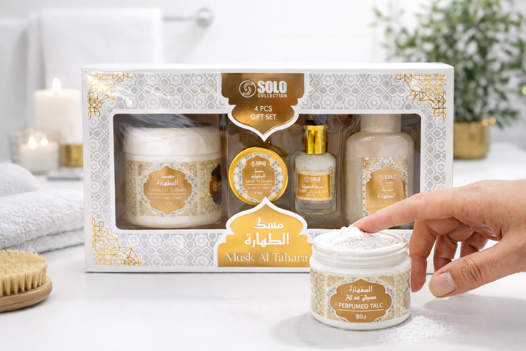 Cadeaux Gift Collection Musc Tahara Coffret cadeau 4 pièces Poudre parfumée 88 g Crème pour le corps, huile parfumée, lotion pour le corps, musc, ramadan, musc