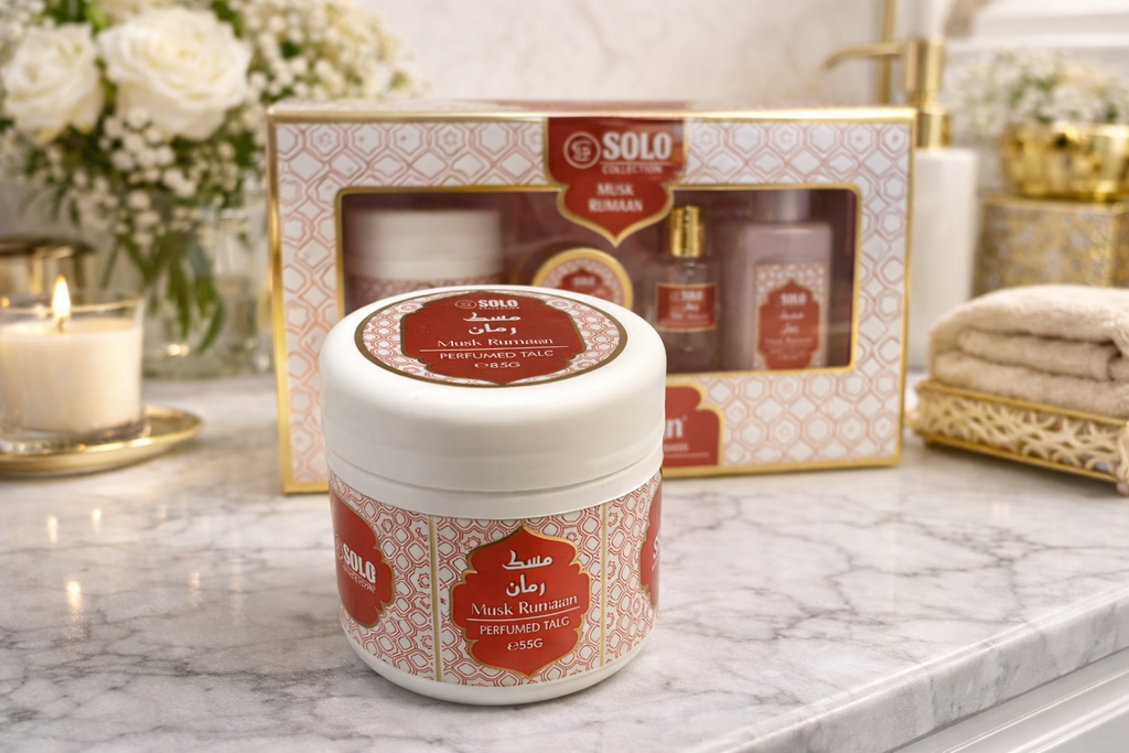 Collection musc Tahara Gift Set, 4 Pieces, Perfumed Talc 88g, Body Cream, Perfume Oil, Body Lotion,musk (POMME GRENADE, RED) DUBAI