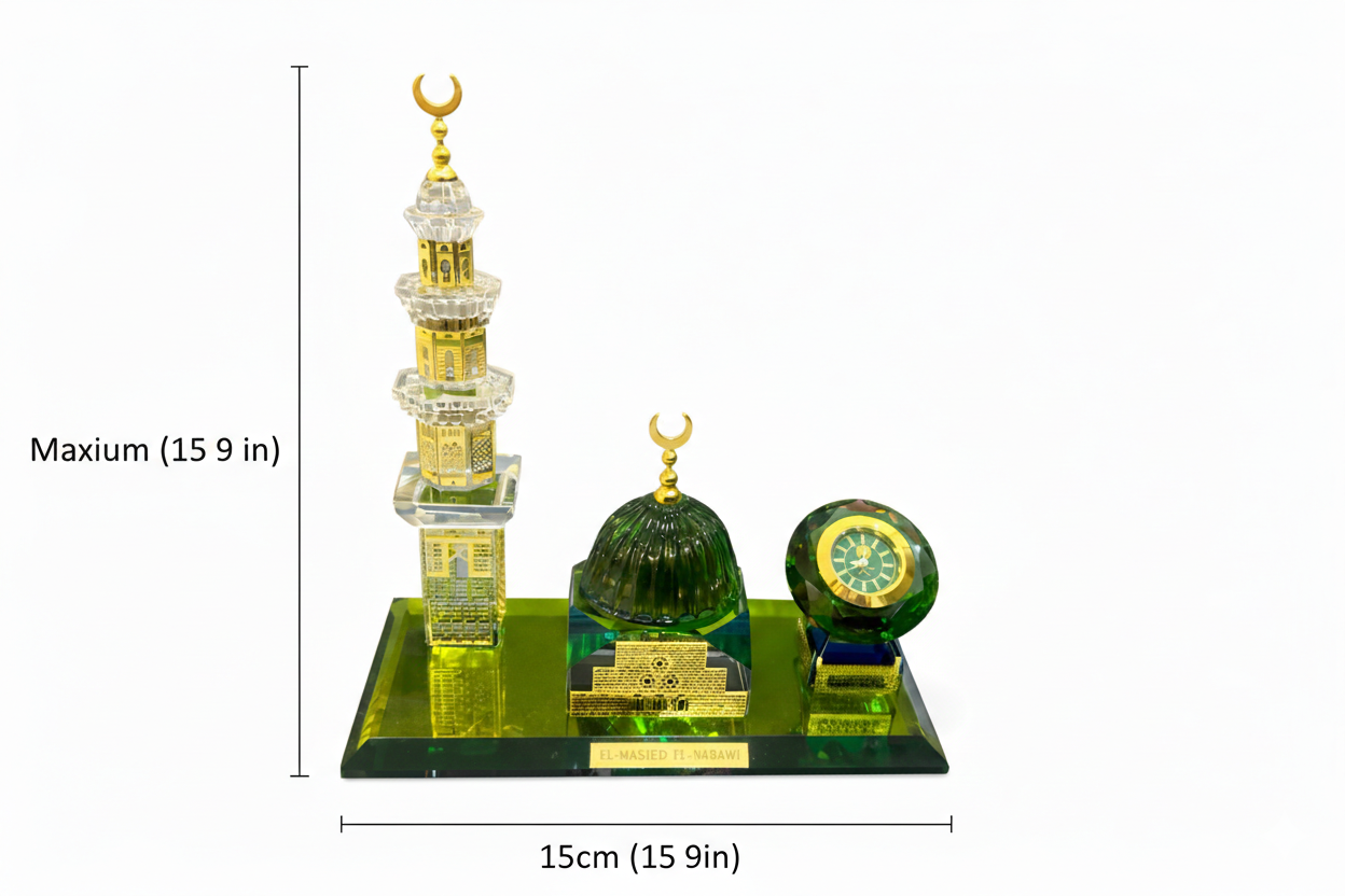 Maquette Cristal de la Mosquée du Prophète (Médine) avec Horloge – Décoration Islamique de Luxe  Titre Crystal Prophet’s Mosque (Madinah) Model with Clock – Luxury Islamic Decor