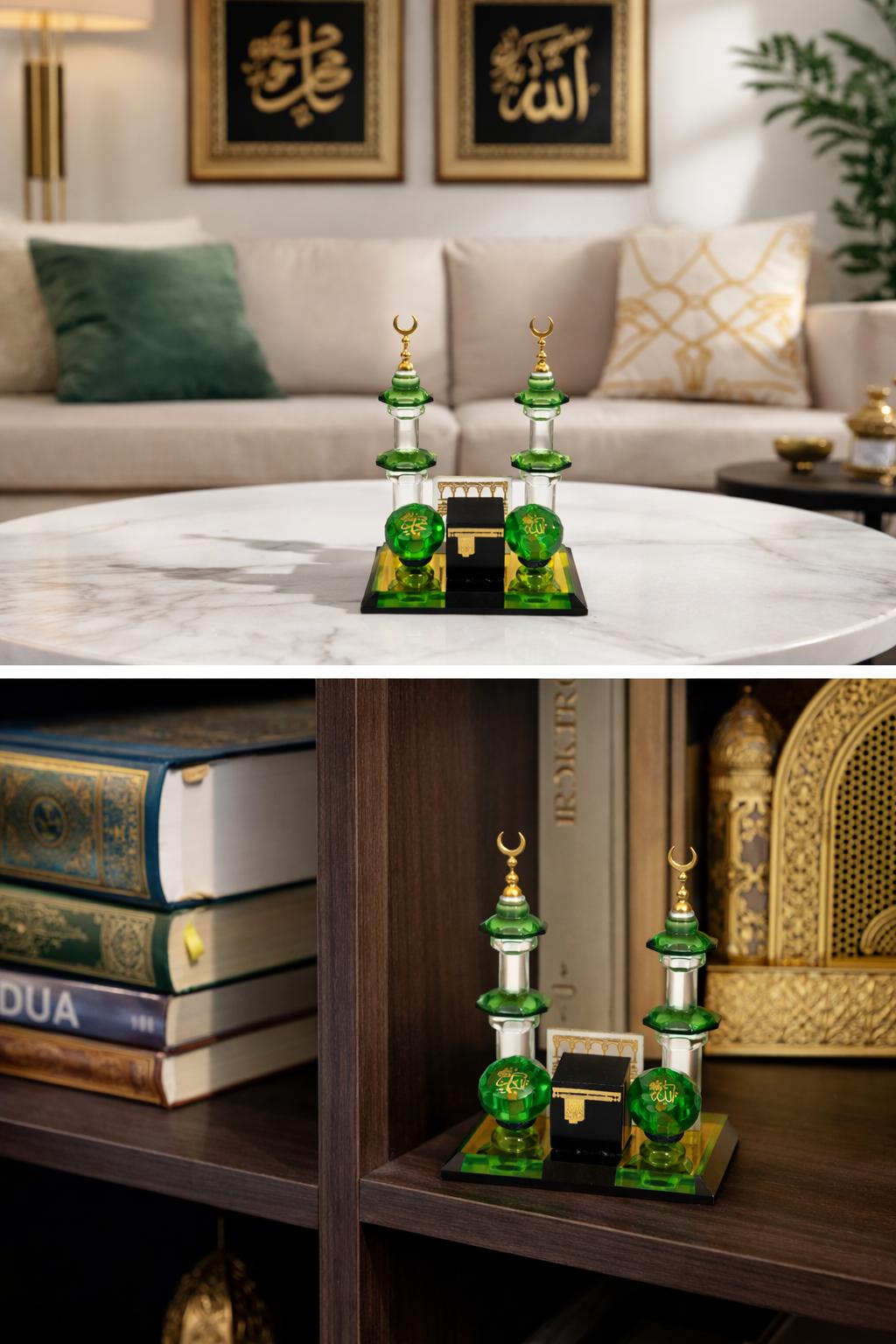 FR : Élégante décoration islamique en cristal représentant la Kaaba et les minarets.  EN : Elegant Islamic crystal decoration featuring the Kaaba and minarets.