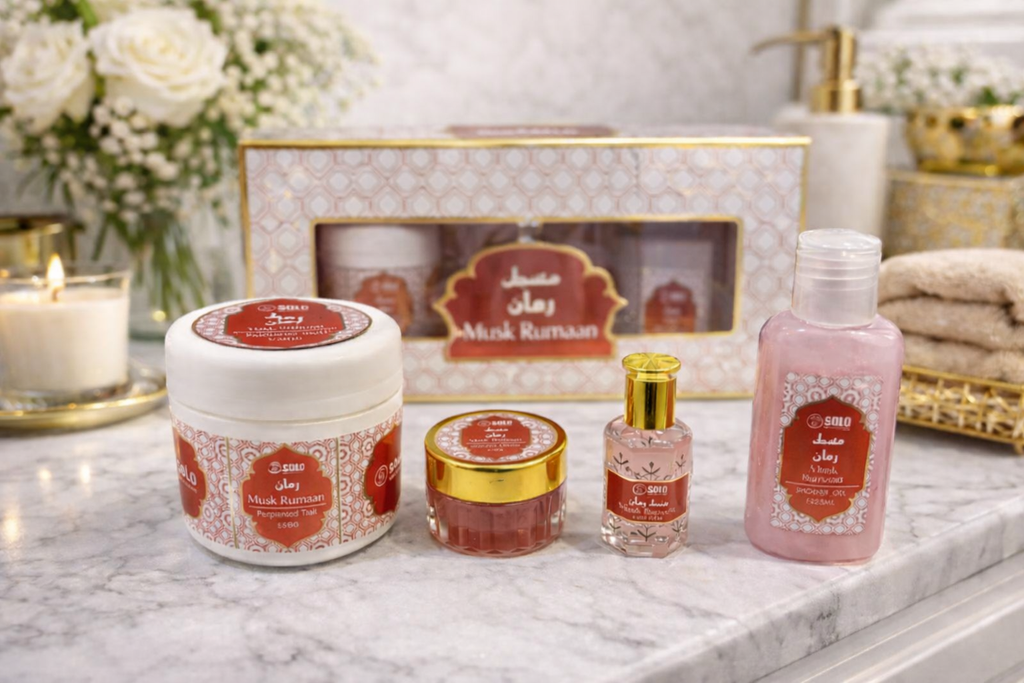 Collection musc Tahara Gift Set, 4 Pieces, Perfumed Talc 88g, Body Cream, Perfume Oil, Body Lotion,musk (POMME GRENADE, RED) DUBAI