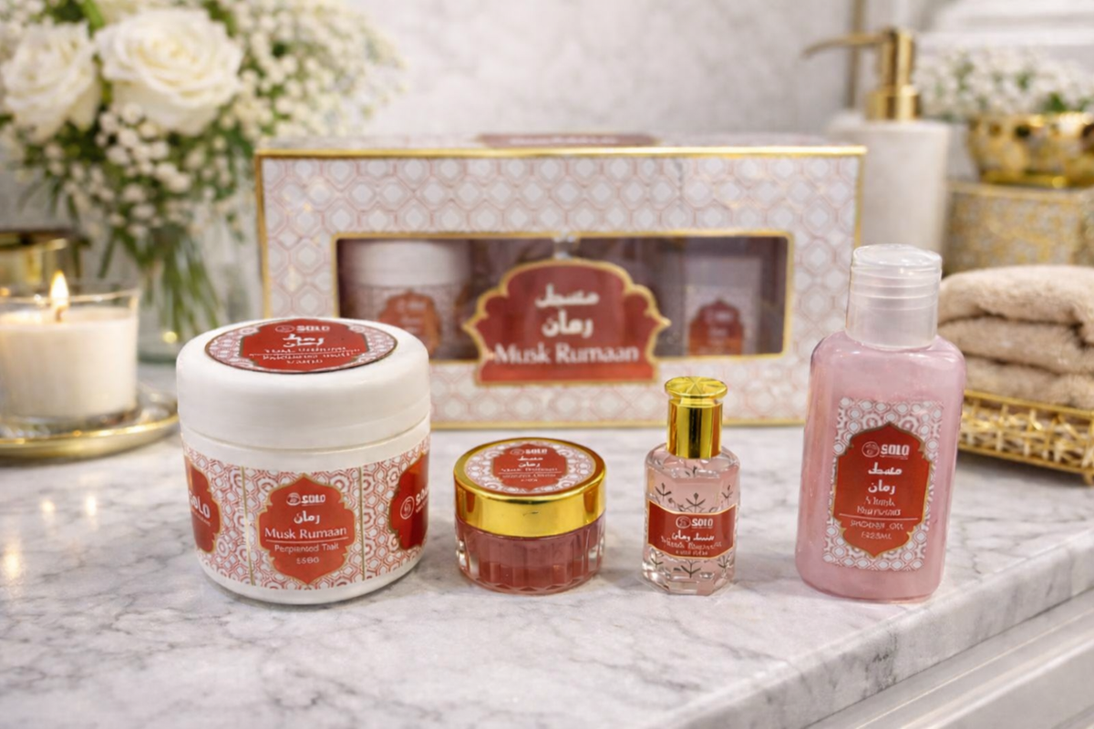 Collection musc Tahara Gift Set, 4 Pieces, Perfumed Talc 88g, Body Cream, Perfume Oil, Body Lotion,musk (POMME GRENADE, RED) DUBAI