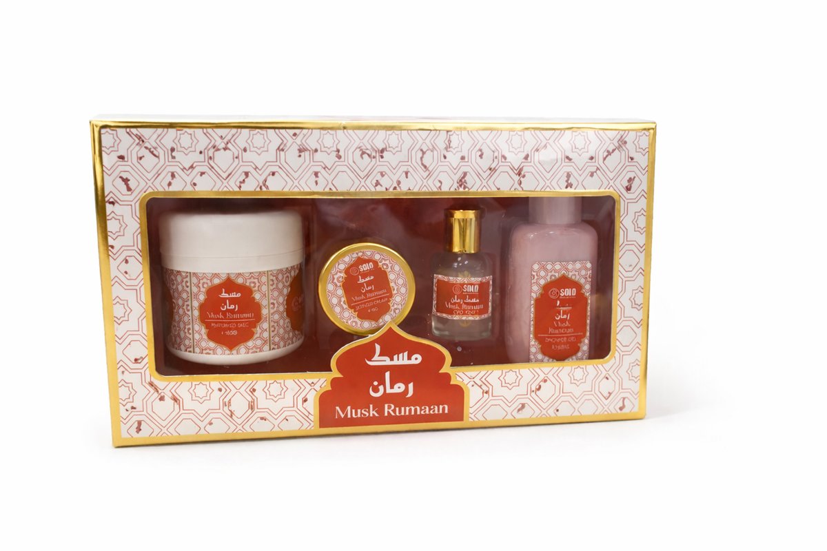 Collection musc Tahara Gift Set, 4 Pieces, Perfumed Talc 88g, Body Cream, Perfume Oil, Body Lotion,musk (POMME GRENADE, RED) DUBAI